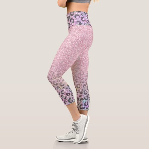 Elegant Rose Gold Iridescent Glitter Leopard Print Capri Leggings