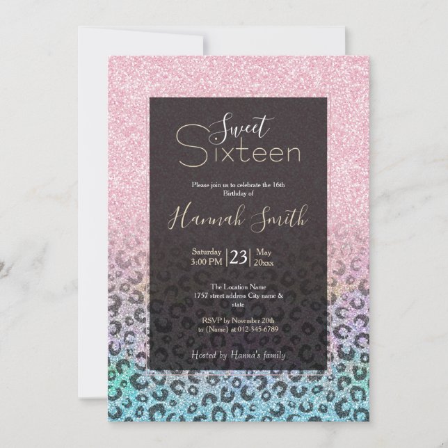 Elegant Rose Gold Iridescent Glitter Leopard Print Invitation (Front)