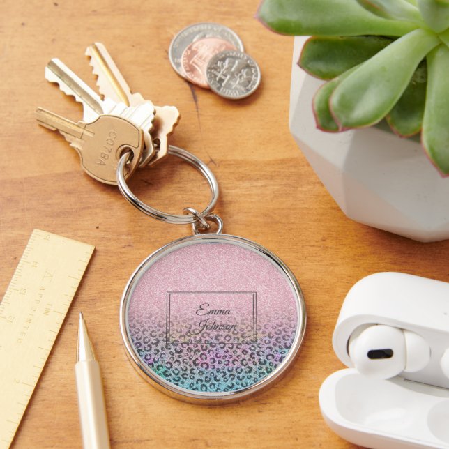 Elegant Rose Gold Iridescent Glitter Leopard Print Keychain (Desk)