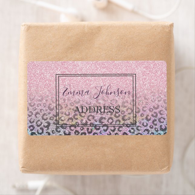 Elegant Rose Gold Iridescent Glitter Leopard Print Label (Insitu)