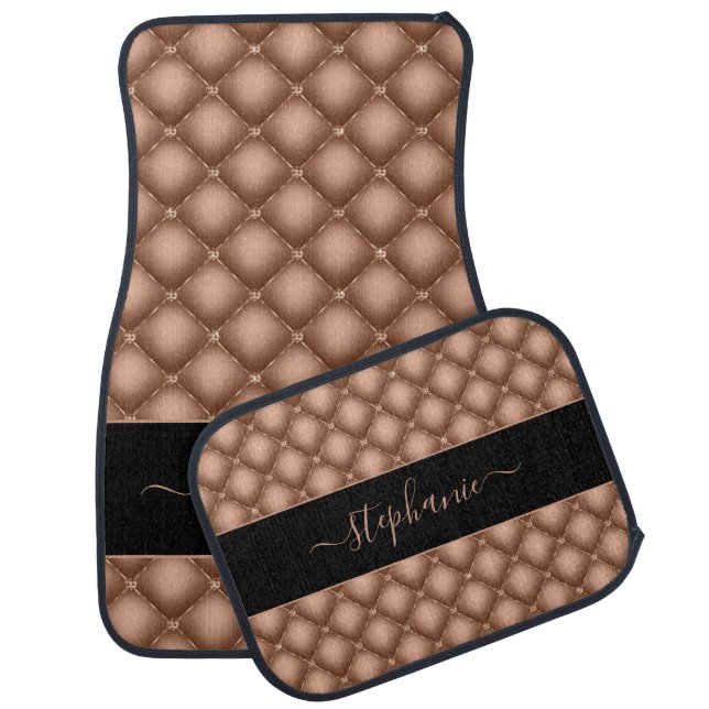 Elegant Rose Gold Jewel Tufted Personalized Car Floor Mat (Set)