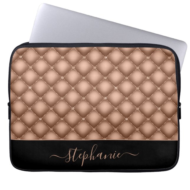 Elegant Rose Gold Jewel Tufted Personalized Laptop Sleeve (Front)