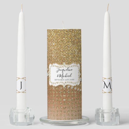 Elegant Rose Gold Jewels Names n Initials Wedding Unity Candle Set