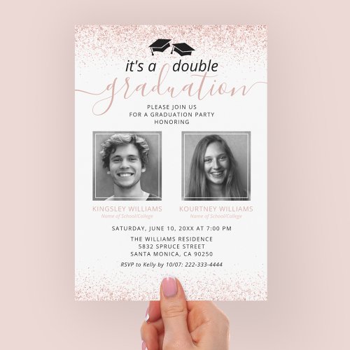 Elegant Rose Gold Joint Graduation Photo Invitation - Stylish double graduation invitations featuring a white background that can be changed to any color, girly rose gold glitter, mortarboards, photos of the two graduates, and a simple double celebration template that is easy to personalize.