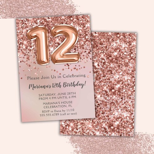 Elegant Rose Gold Kids Girl 12th Birthday Party In Invitation