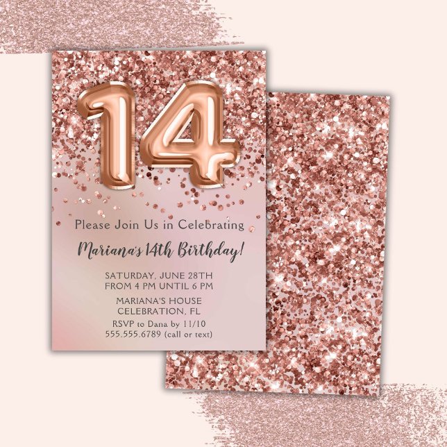 Elegant Rose Gold Kids Girl 14th Birthday Party In Invitation (Creator Uploaded)