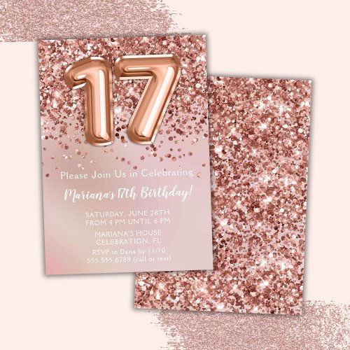 Elegant Rose Gold Kids Girl 17th Birthday Party Invitation