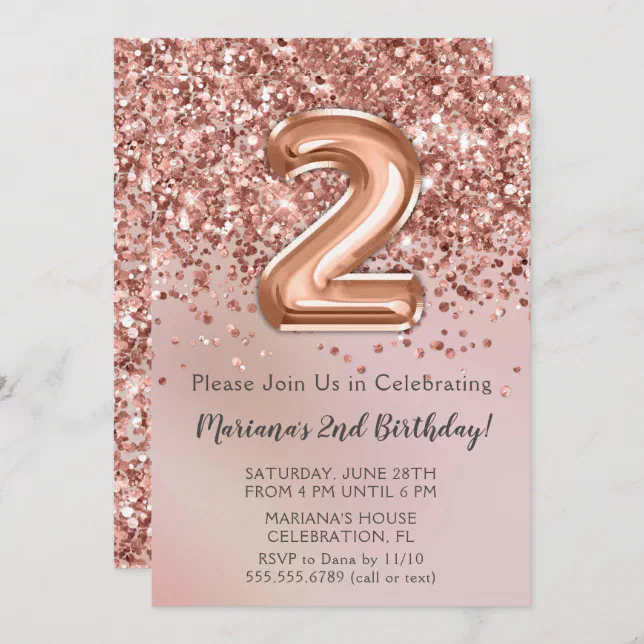 Elegant Rose Gold Kids Girl 2nd Birthday Party Inv Invitation | Zazzle