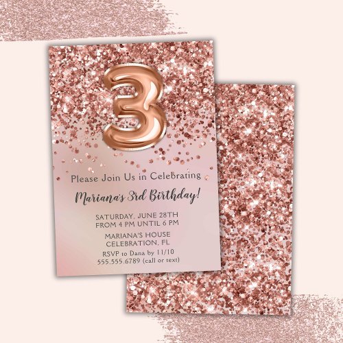 Elegant Rose Gold Kids Girl 3rd Birthday Party Inv Invitation