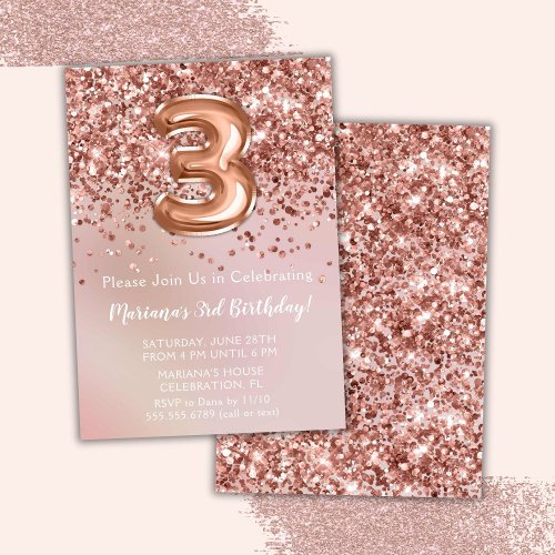 Elegant Rose Gold Kids Girl 3rd Birthday Party Invitation