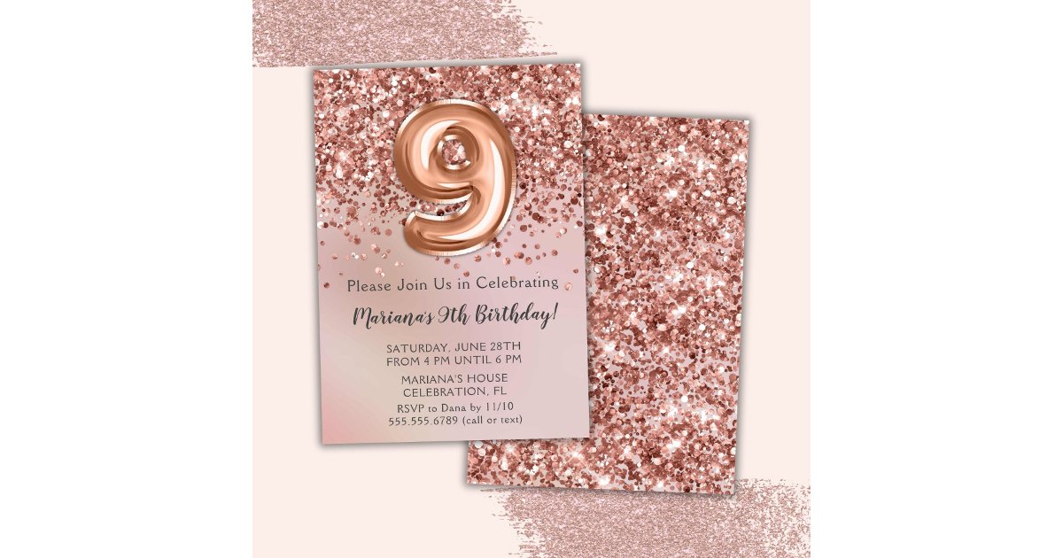 Elegant Rose Gold Kids Girl 9th Birthday Party Inv Invitation | Zazzle