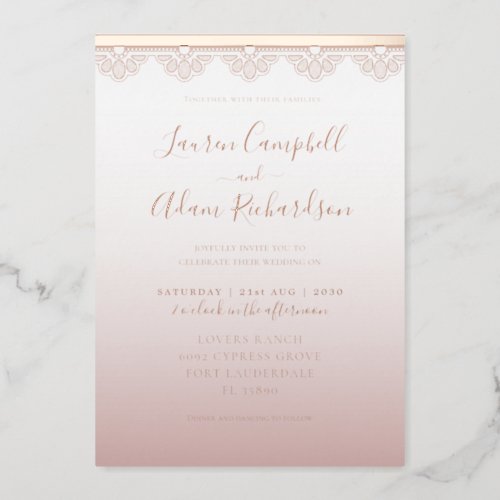Elegant Rose Gold  Lace Wedding Foil Invitation
