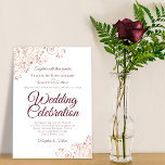 Elegant Rose Gold Lace with Burgundy Text Wedding Invitation<br><div class="desc">This beautiful wedding invitation features a simple yet elegant design with burgundy script lettering on a white background and rose gold lace frills in the corners. The back is a rose gold gradient or ombre. Classy, sophisticated, stylish, and chic, these invites are a wonderful way to ask your friends and...</div>