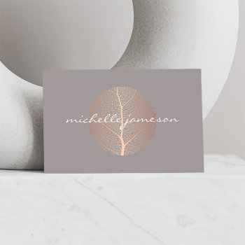 Elegant Rose Gold Leaf Logo On Gray Business Card by 1201am at Zazzle