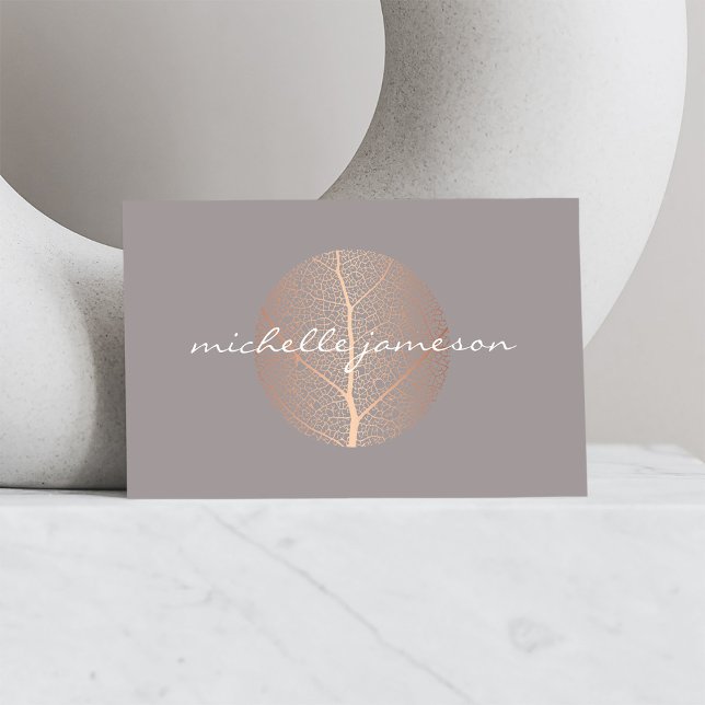 Elegant Rose Gold Leaf Logo on Gray Business Card (Creator Uploaded)