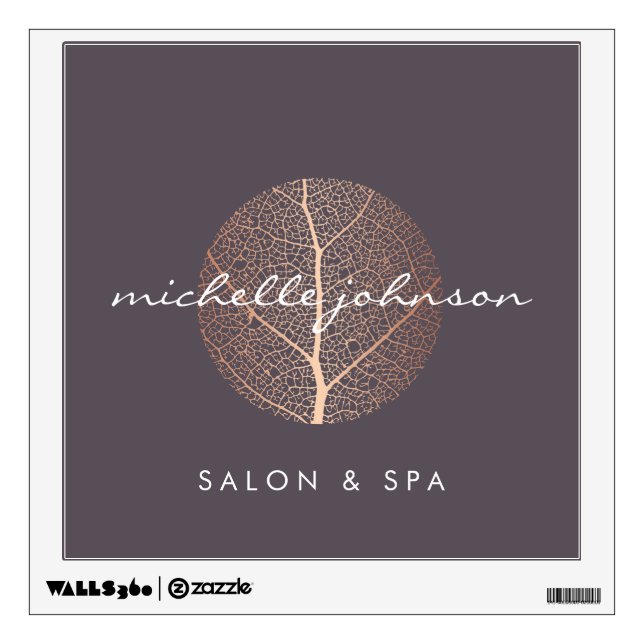 Elegant Rose Gold Leaf Logo on Purple Salon, Spa Wall Decal (Front)