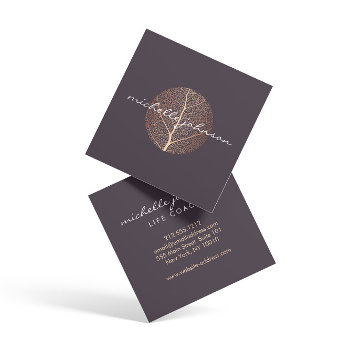 Elegant Rose Gold Leaf Logo On Purple Square Business Card by 1201am at Zazzle