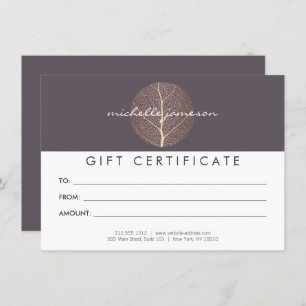 Elegant Rose Gold Leaf Purple Gift Certificate