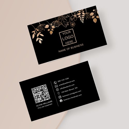 Elegant Rose Gold Leaf QR Code Social Media Icons Business Card