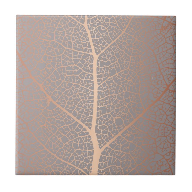 Elegant Rose Gold Leaf Tree Pattern Ceramic Tile (Front)