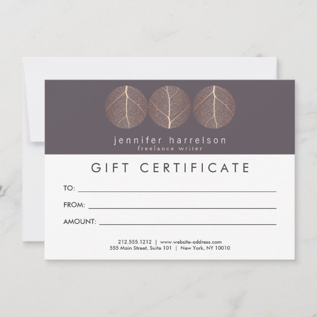 Elegant Rose Gold Leaf Trio Logo Gift Certificate (Front)
