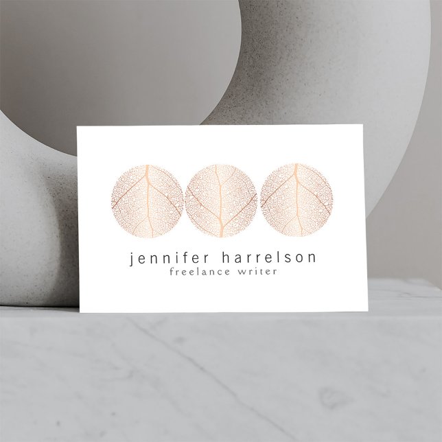 Elegant Rose Gold Leaf Trio Logo on White Business Card (Creator Uploaded)