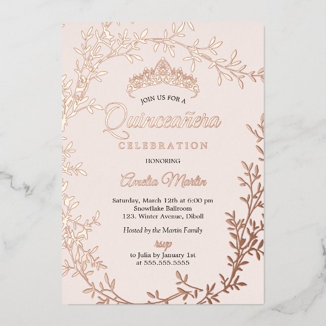 Elegant Rose Gold Leaf Wreath Quinceanera Fo Foil Invitation (Front)