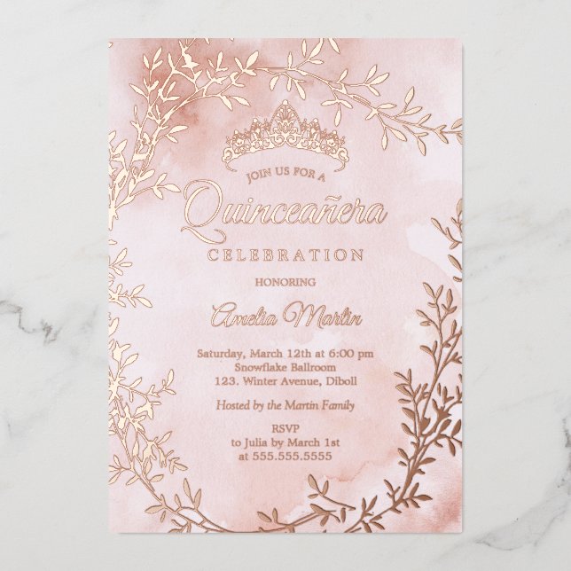 Elegant Rose Gold Leaf Wreath Quinceanera Foil Invitation (Front)