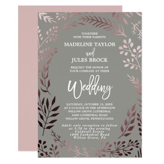 Elegant Rose Gold Leafy Frame Wedding & Reception Invitation