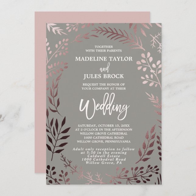 Elegant Rose Gold Leafy Frame Wedding & Reception Invitation (Front/Back)