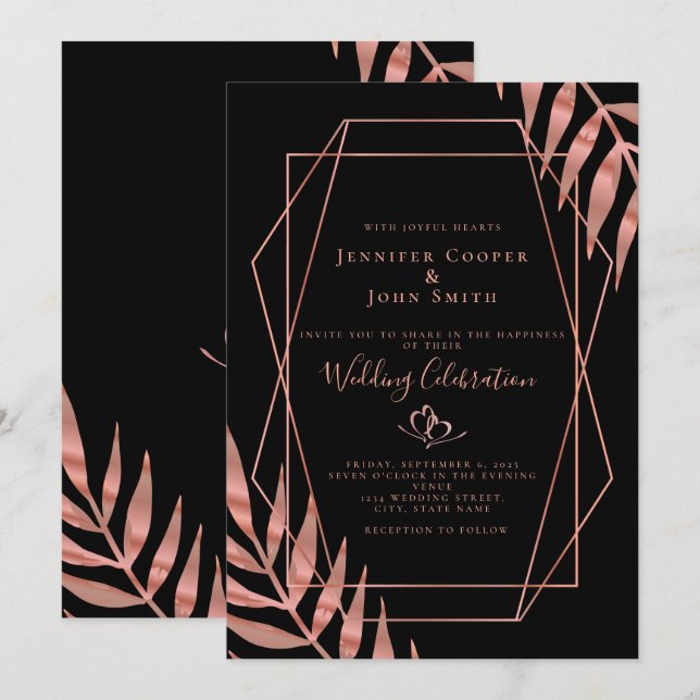 Elegant Rose Gold Leaves Black Wedding  Invitation (Front/Back)