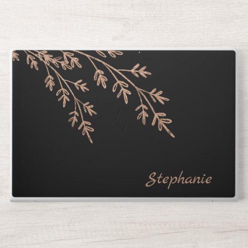 Elegant Rose Gold Leaves Personalized Black HP Laptop Skin