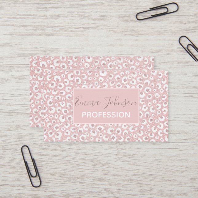 Elegant Rose Gold Leopard Print White Pattern Business Card (Front/Back In Situ)