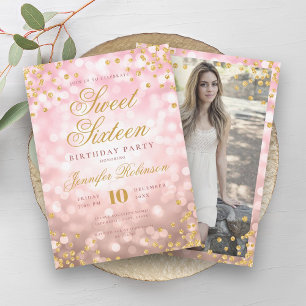 Elegant Rose Gold Lights & Gold Photo Sweet 16 Invitation