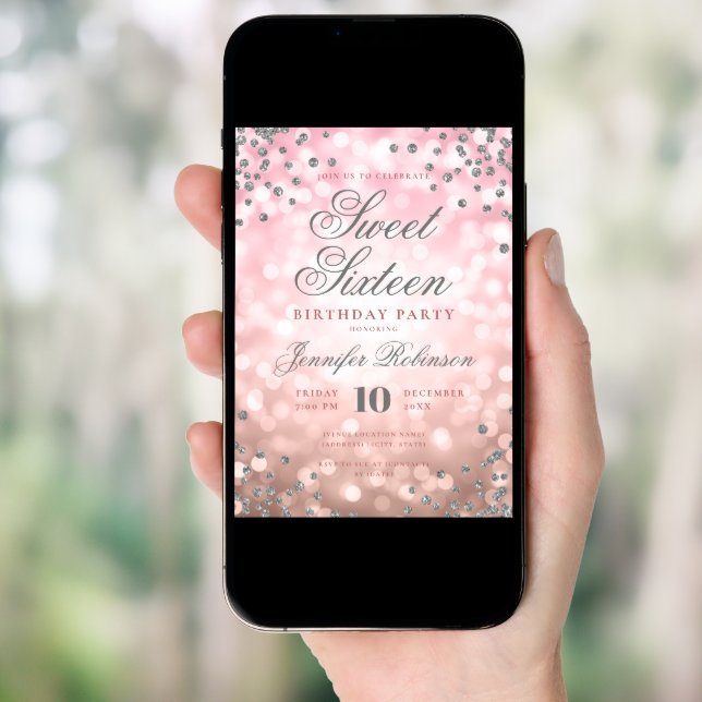 Elegant Rose Gold Lights Silver Photo Sweet 16   Invitation (Front Digital)