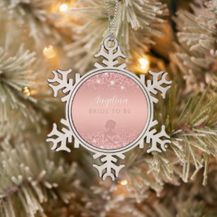 Elegant Rose Gold Luxe Shimmer Bridal Shower Snowflake Pewter Christmas Ornament