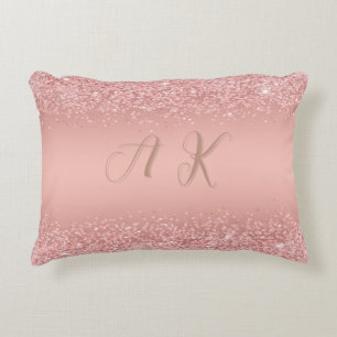 Elegant Rose Gold Luxe Shimmer Monogram Accent Pillow