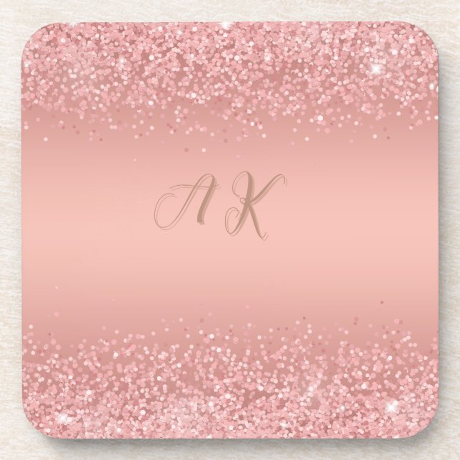  Elegant Rose Gold Luxe Shimmer Monogram Coaster (Front)