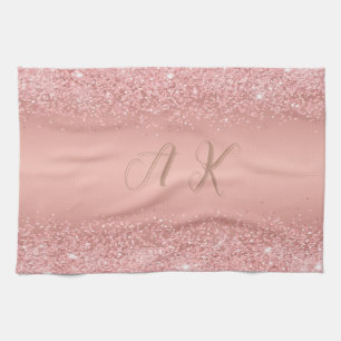 Elegant Rose Gold Luxe Shimmer Monogram Kitchen Towel