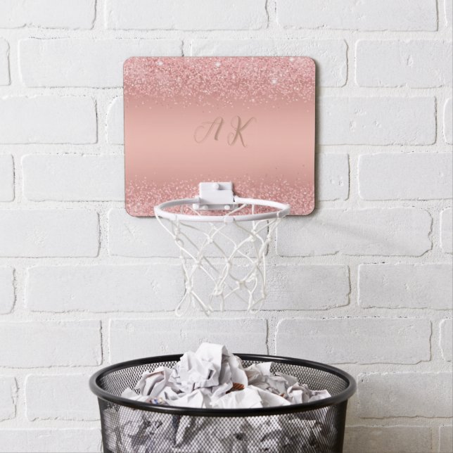 Elegant Rose Gold Luxe Shimmer Monogram Mini Basketball Hoop (In Situ)