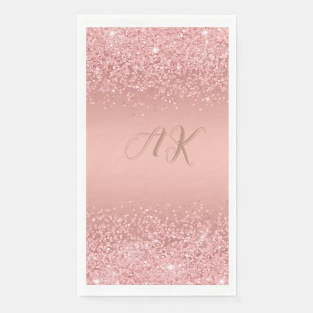Elegant Rose Gold Luxe Shimmer Monogram Paper Guest Towels (Front)
