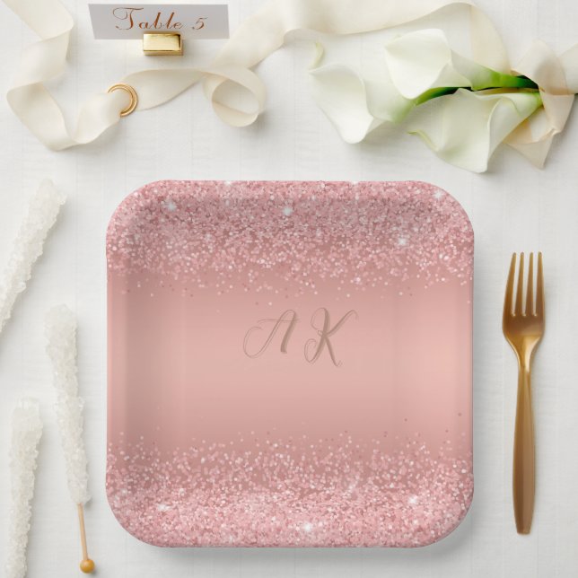Elegant Rose Gold Luxe Shimmer Monogram Paper Plates (Wedding)