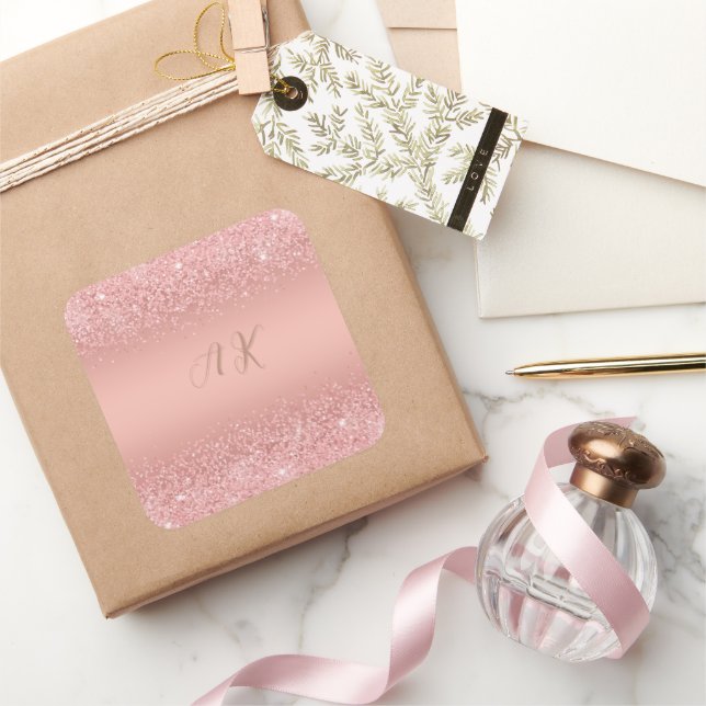 Elegant Rose Gold Luxe Shimmer Monogram Square Sticker (Gifting)