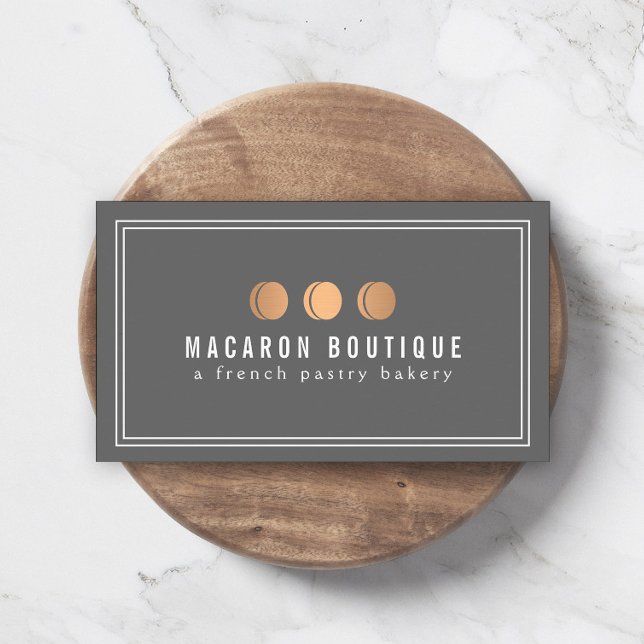 Elegant Rose Gold Macaron Trio Logo on Gray Business Card (Creator Uploaded)