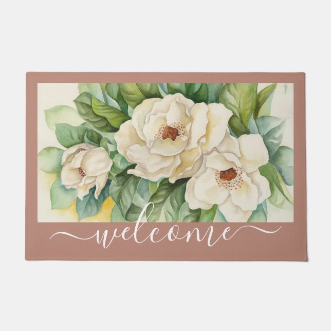 Elegant Rose Gold Magnolia Floral Welcome Script Doormat (Front)