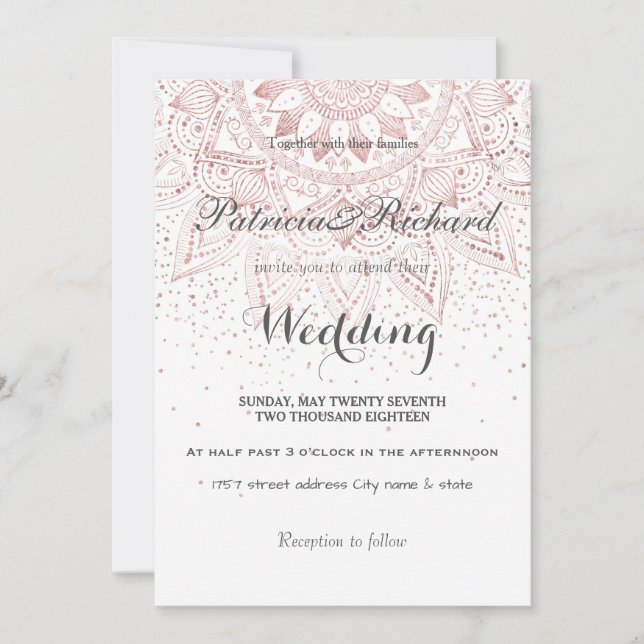 Elegant rose gold mandala confetti wedding invitation (Front)