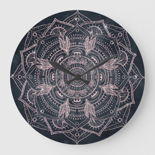 Elegant Rose Gold Mandala Gray Nebula Design Large Clock