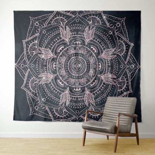 Elegant Rose Gold Mandala Gray Nebula Design Tapestry