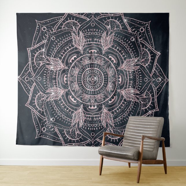 Elegant Rose Gold Mandala Gray Nebula Design Tapestry (In Situ (Horizontal))