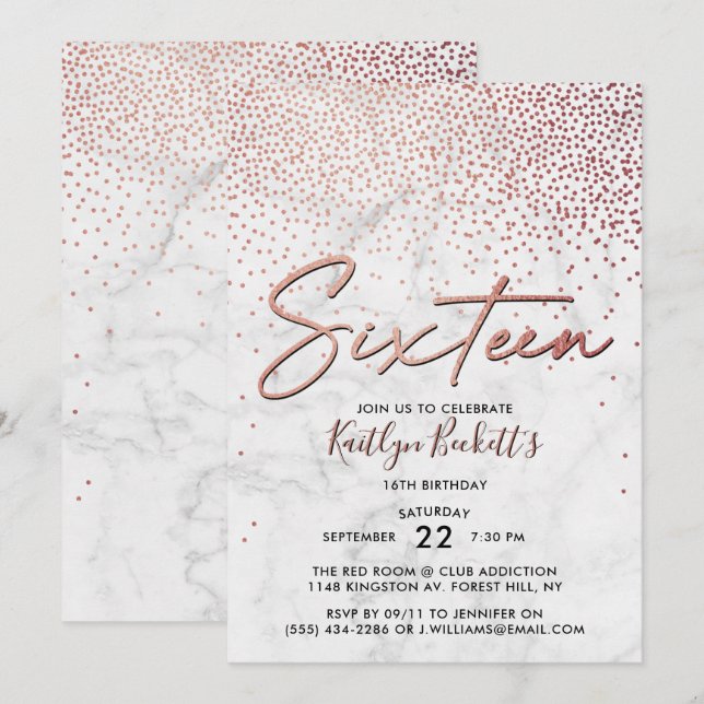 Elegant Rose Gold & Marble 16th Birthday Invitation (Front/Back)